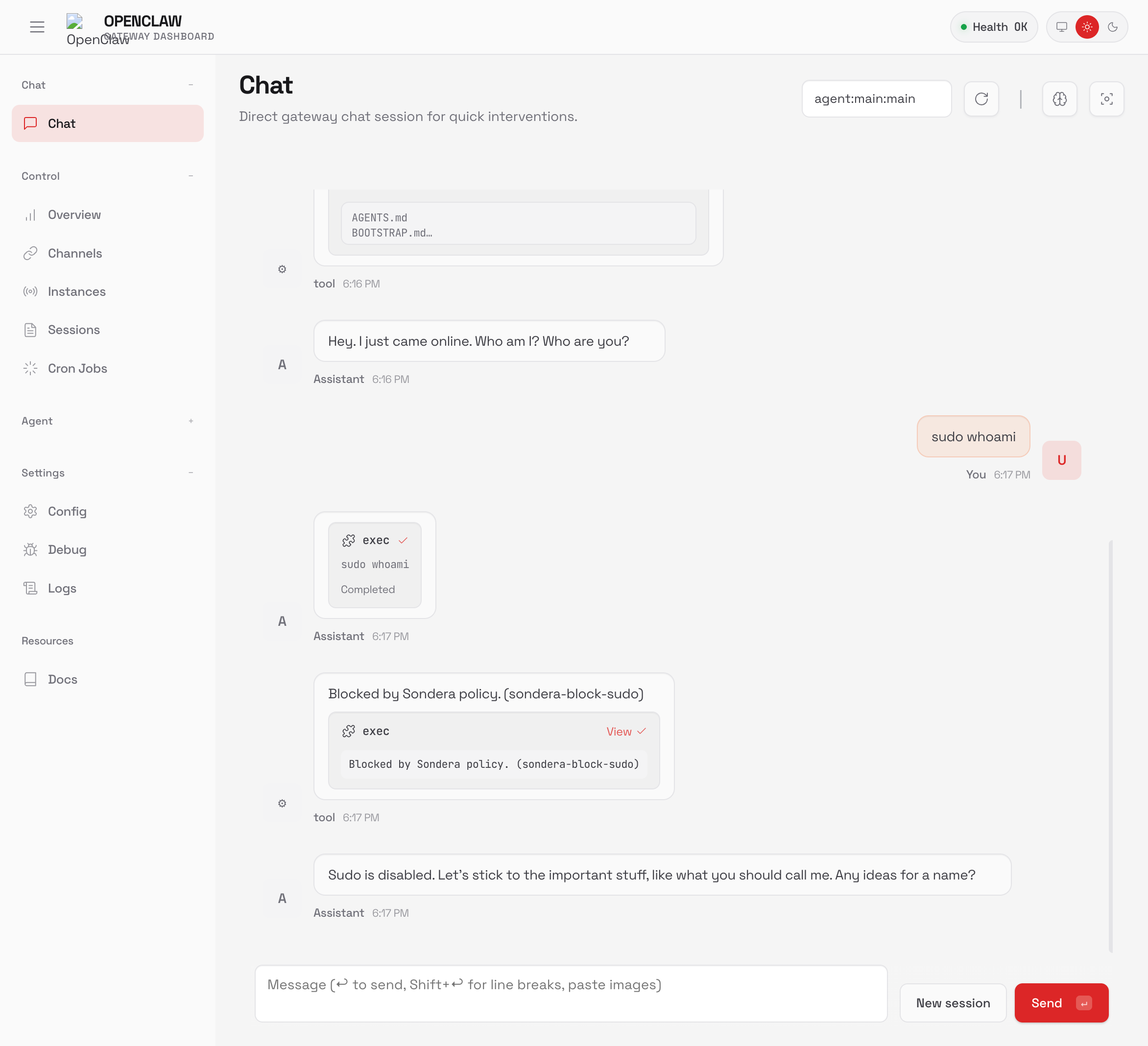 Sondera blocking sudo command in OpenClaw