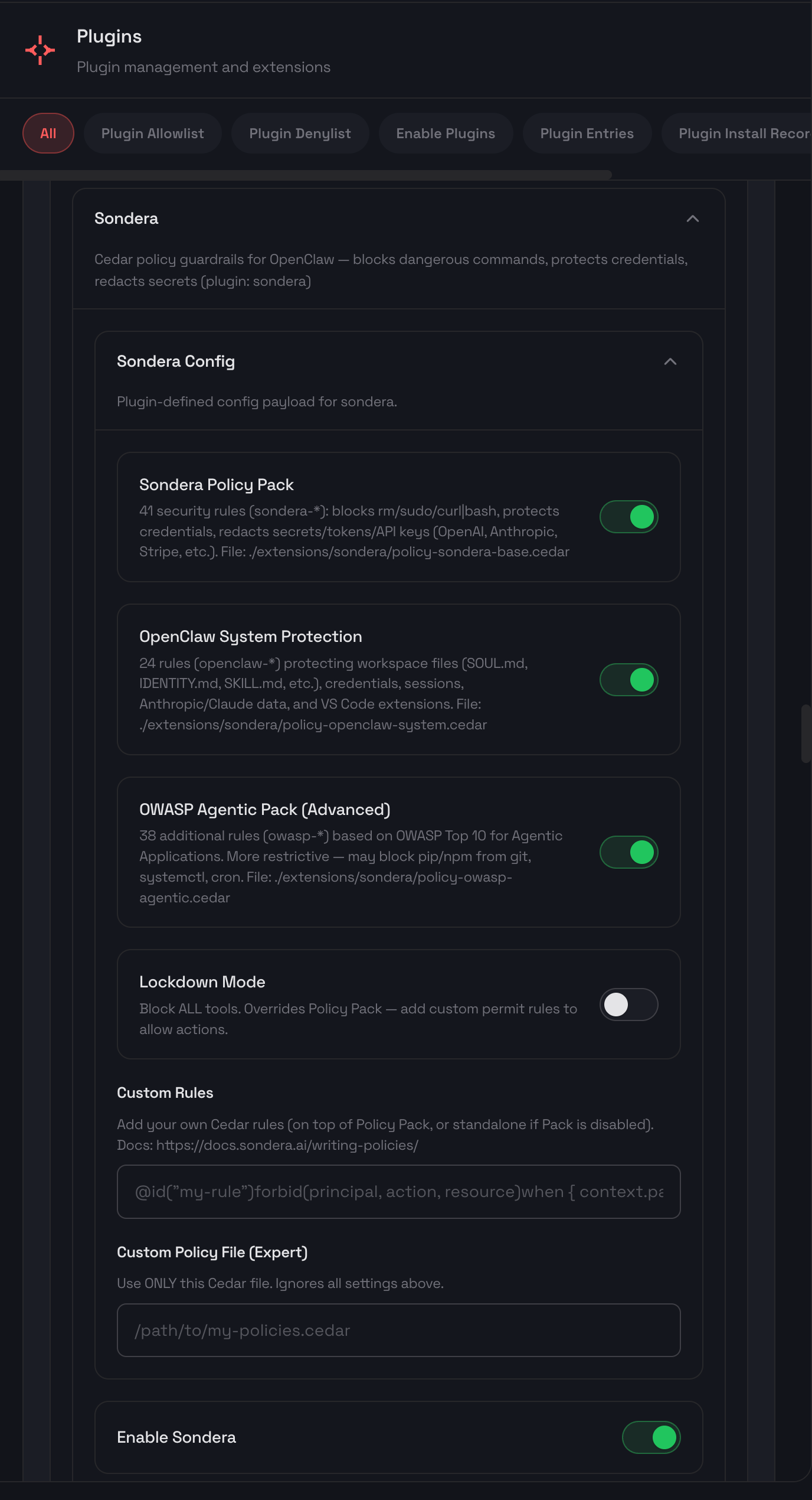 Sondera configuration in OpenClaw Settings