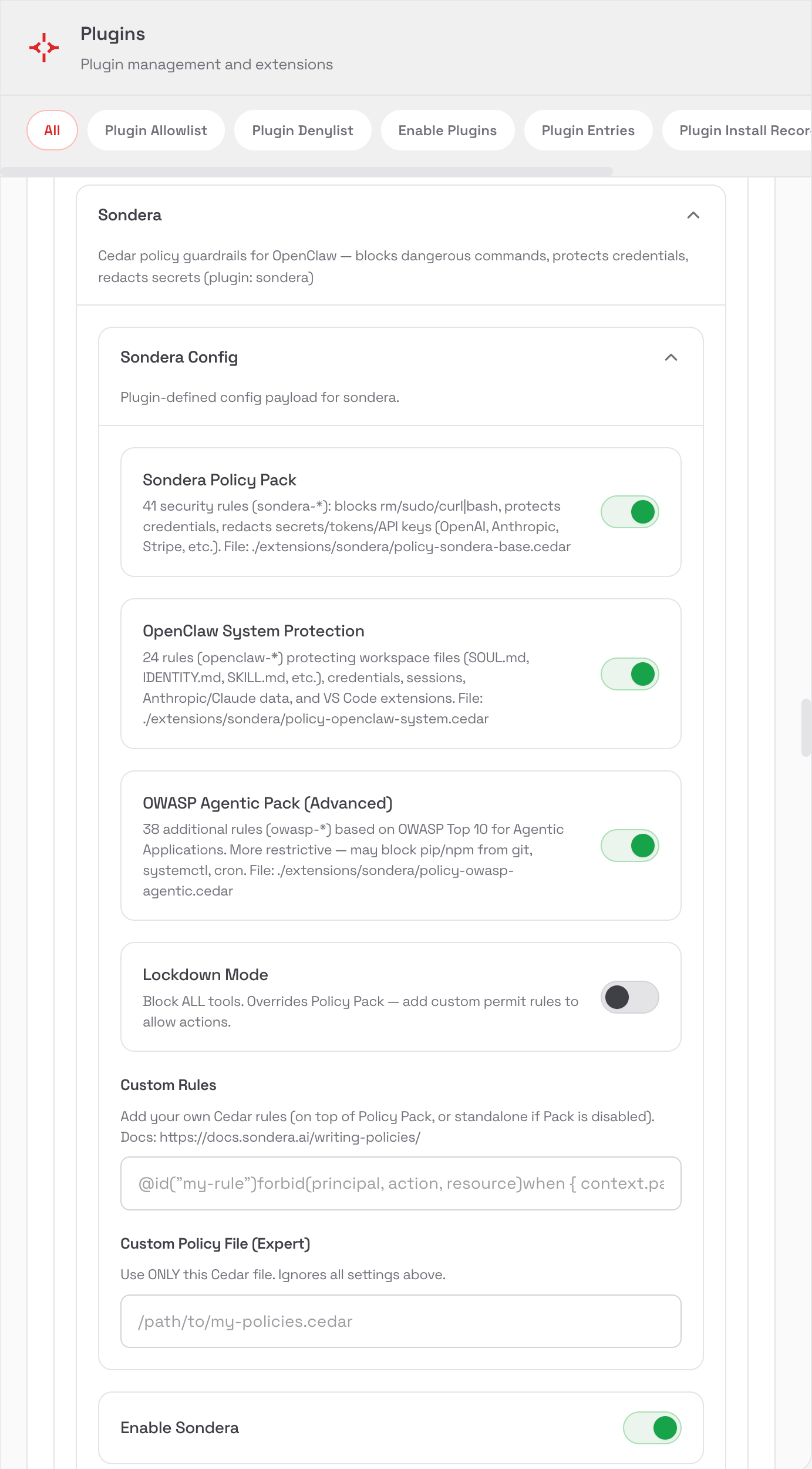Sondera configuration in OpenClaw Settings